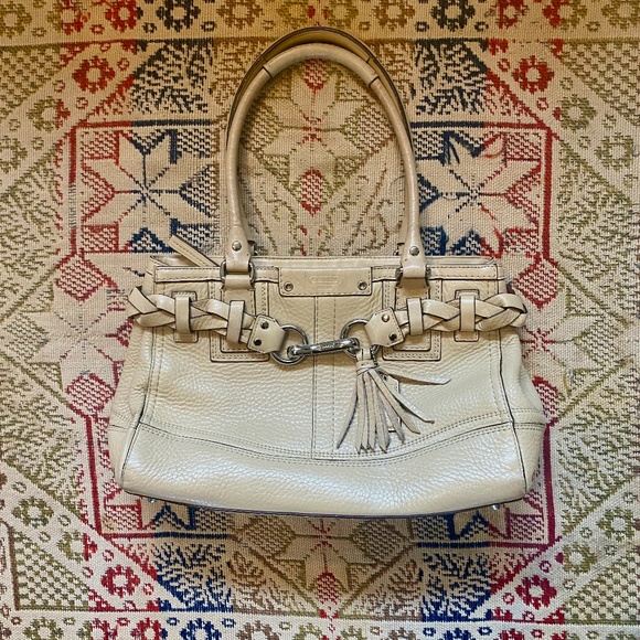 Coach Hampton Cream Leather Carryall Satchel Tote Handbag Braid Pebble F13084 - Picture 1 of 16